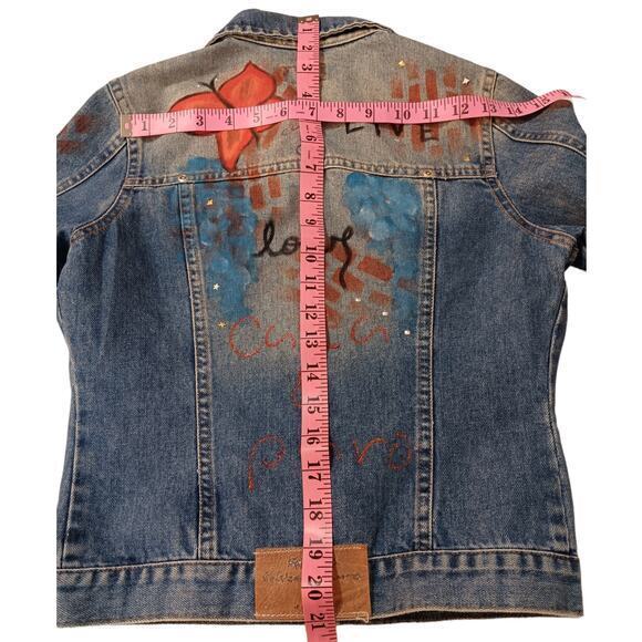 VINTAGE 90s Y2K Jean Jacket Painted Denim Butterflies Artsy Studs Faded Small - Picture 12 of 14